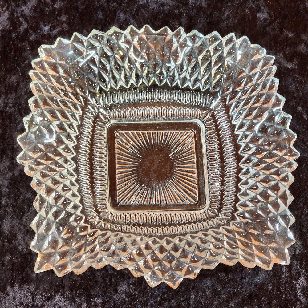 Vintage Cut Glass Serving Bowl-Diamond Point-Retro Pressed Glass-Candy or Fruit